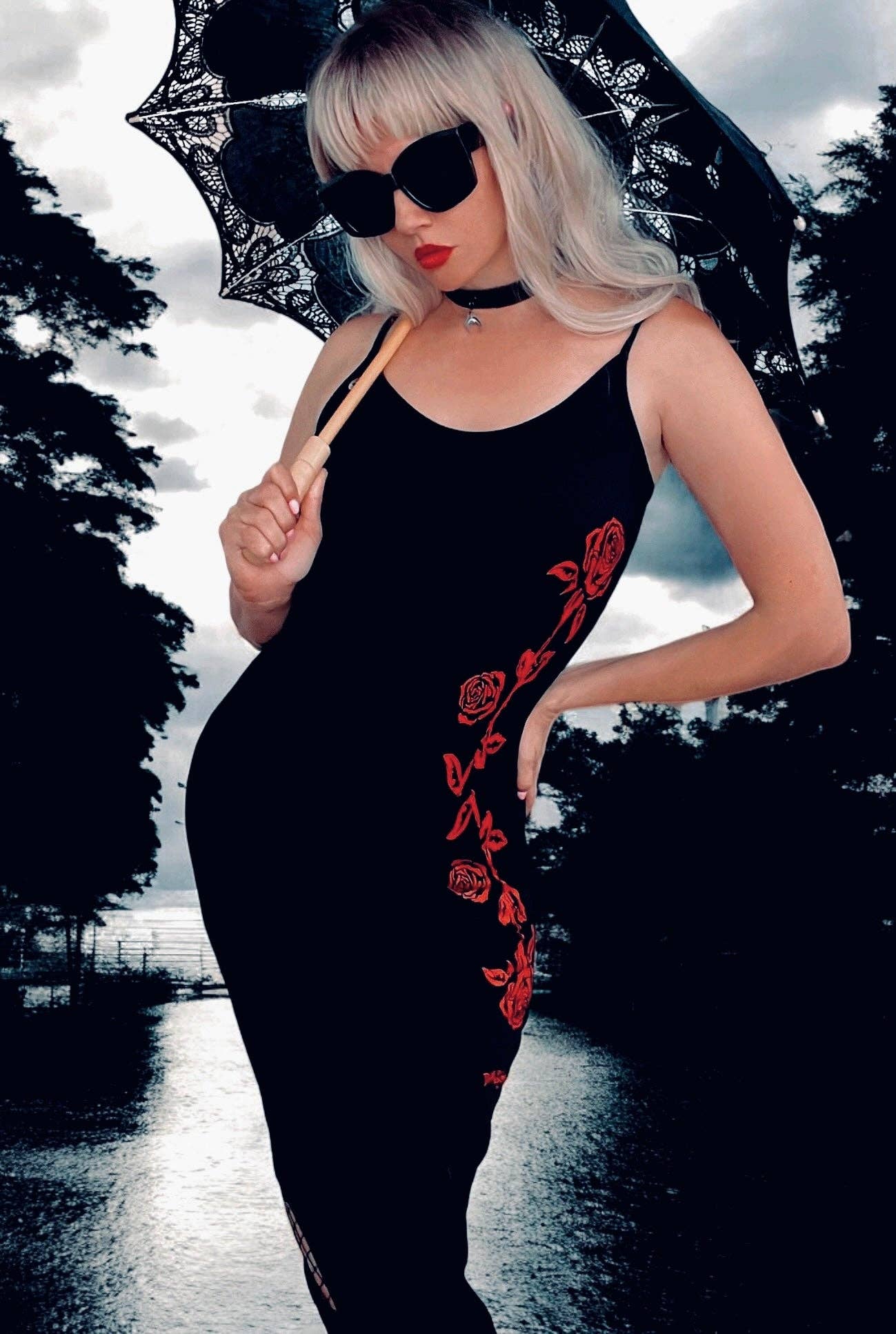 Gothic Rose Drip Graphic Midi Dress